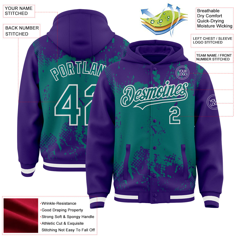 Custom Purple Teal-White Splash Art 3D Pattern Design Bomber Full-Snap Varsity Letterman Hoodie Jacket