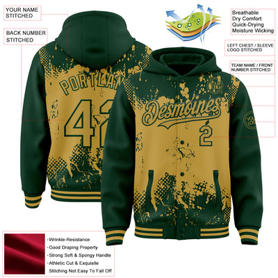 Custom Green Old Gold Splash Art 3D Pattern Design Bomber Full-Snap Varsity Letterman Hoodie Jacket