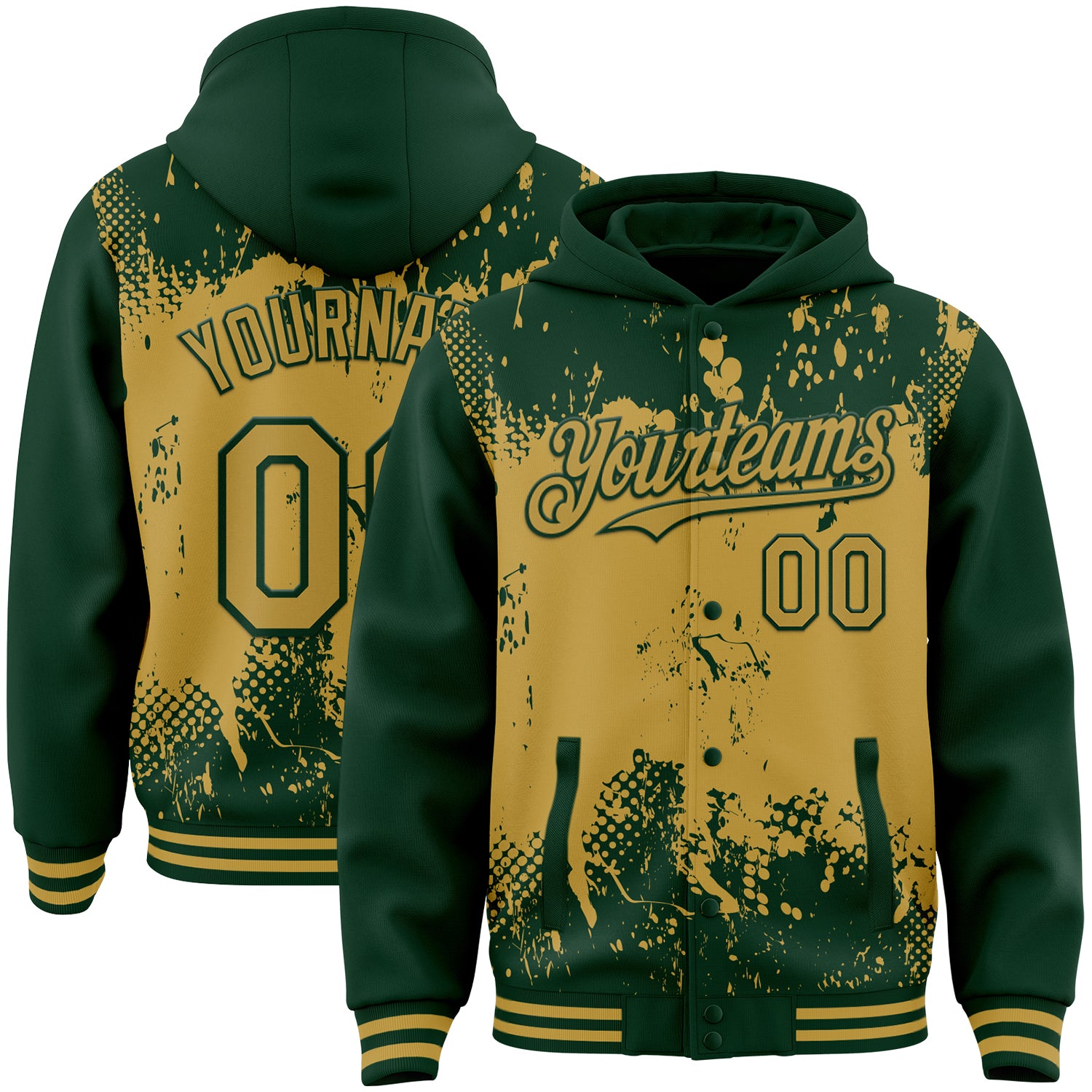 Custom Green Old Gold Splash Art 3D Pattern Design Bomber Full-Snap Varsity Letterman Hoodie Jacket
