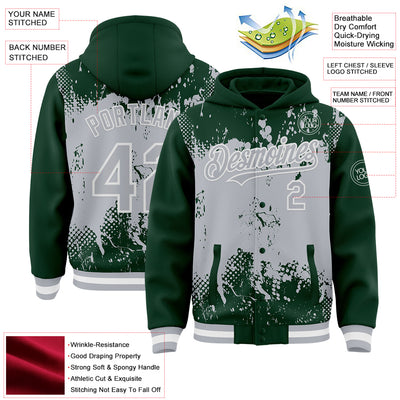 Custom Green Gray-White Splash Art 3D Pattern Design Bomber Full-Snap Varsity Letterman Hoodie Jacket