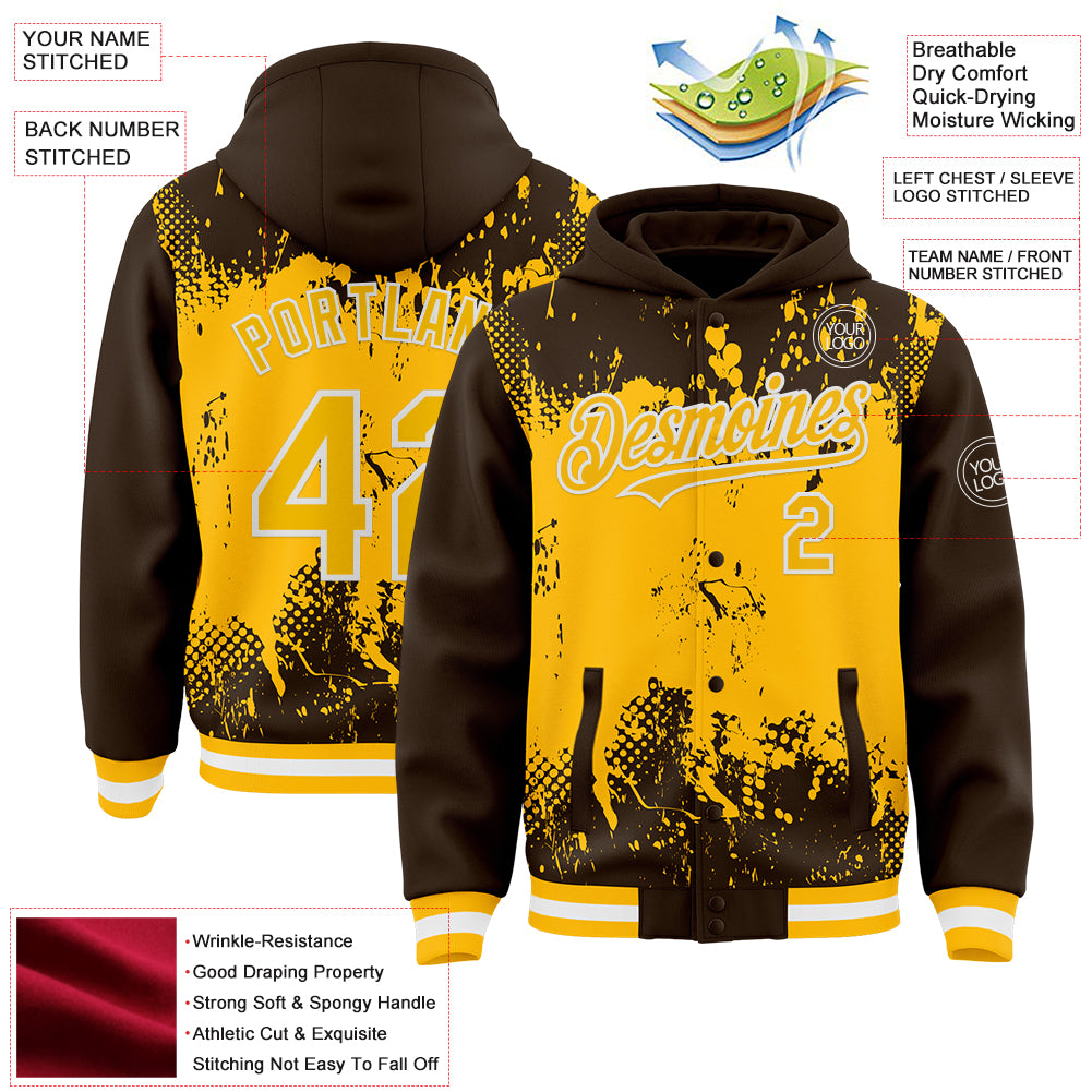 Custom Brown Gold-White Splash Art 3D Pattern Design Bomber Full-Snap Varsity Letterman Hoodie Jacket