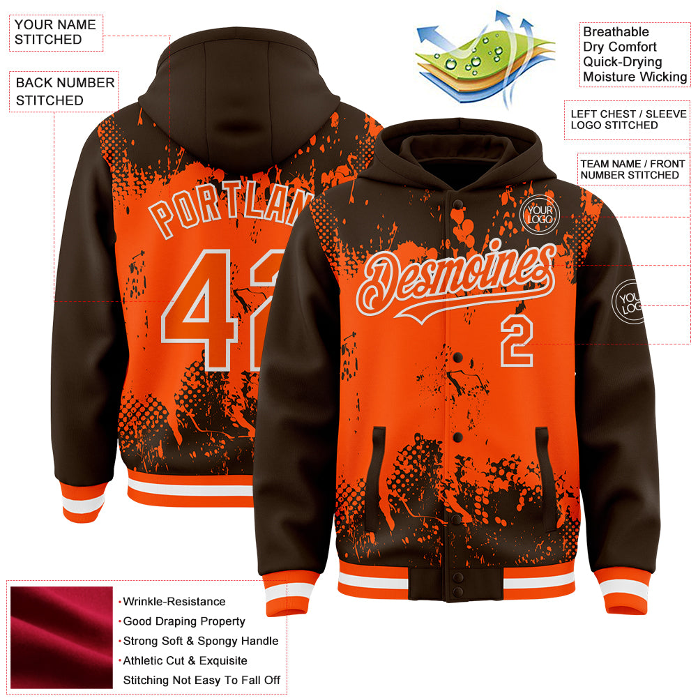 Custom Brown Orange-White Splash Art 3D Pattern Design Bomber Full-Snap Varsity Letterman Hoodie Jacket