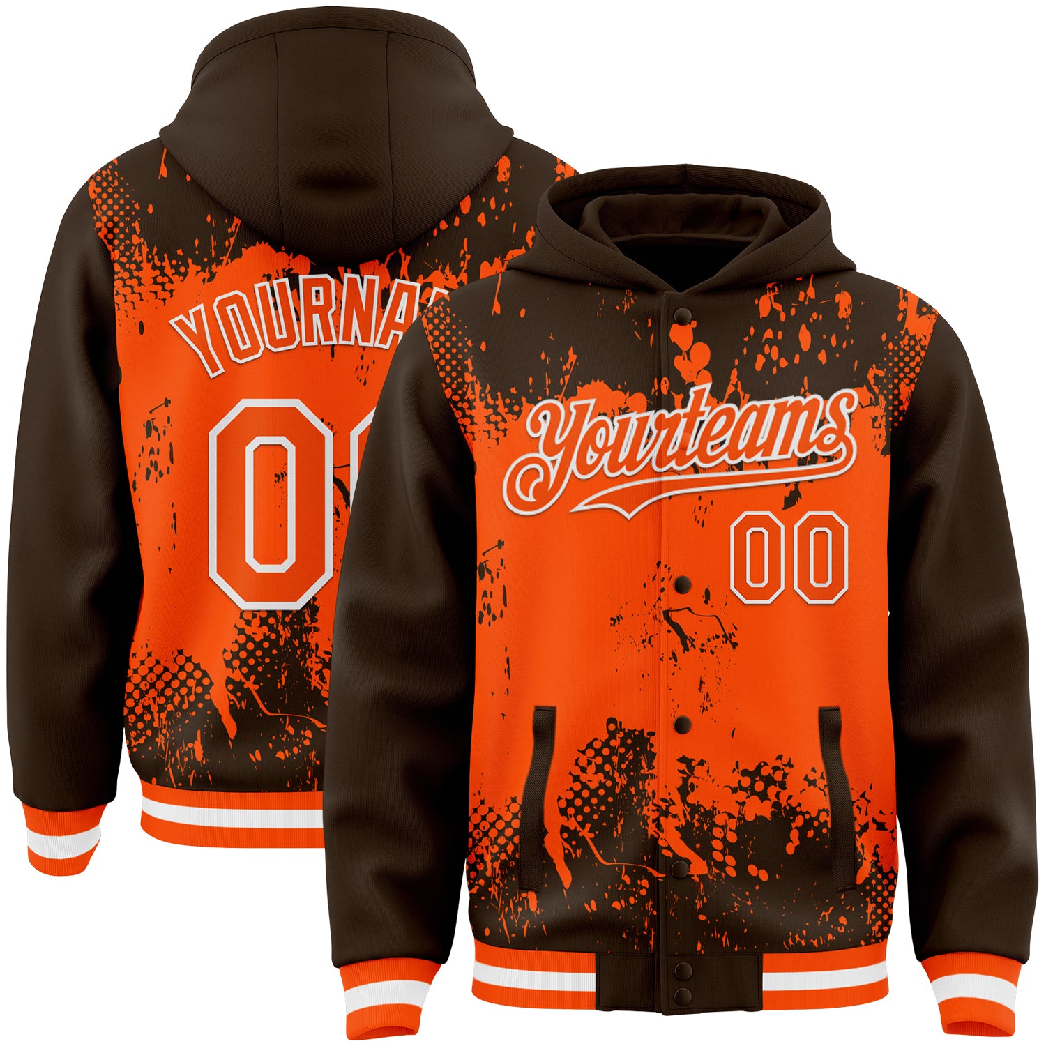 Custom Brown Orange-White Splash Art 3D Pattern Design Bomber Full-Snap Varsity Letterman Hoodie Jacket