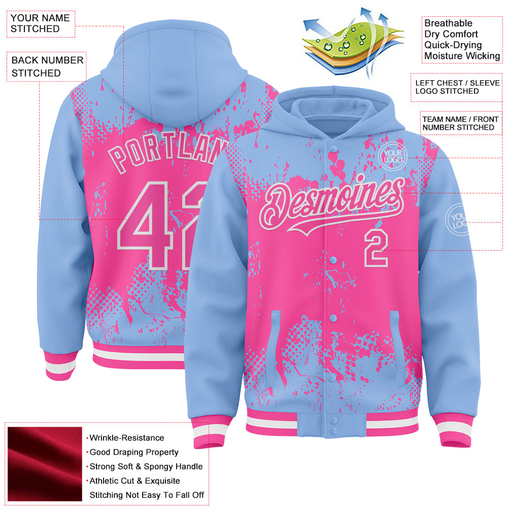 Custom Light Blue Pink-White Splash Art 3D Pattern Design Bomber Full-Snap Varsity Letterman Hoodie Jacket