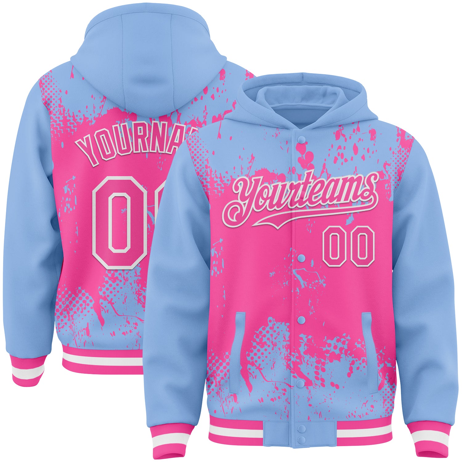 Custom Light Blue Pink-White Splash Art 3D Pattern Design Bomber Full-Snap Varsity Letterman Hoodie Jacket