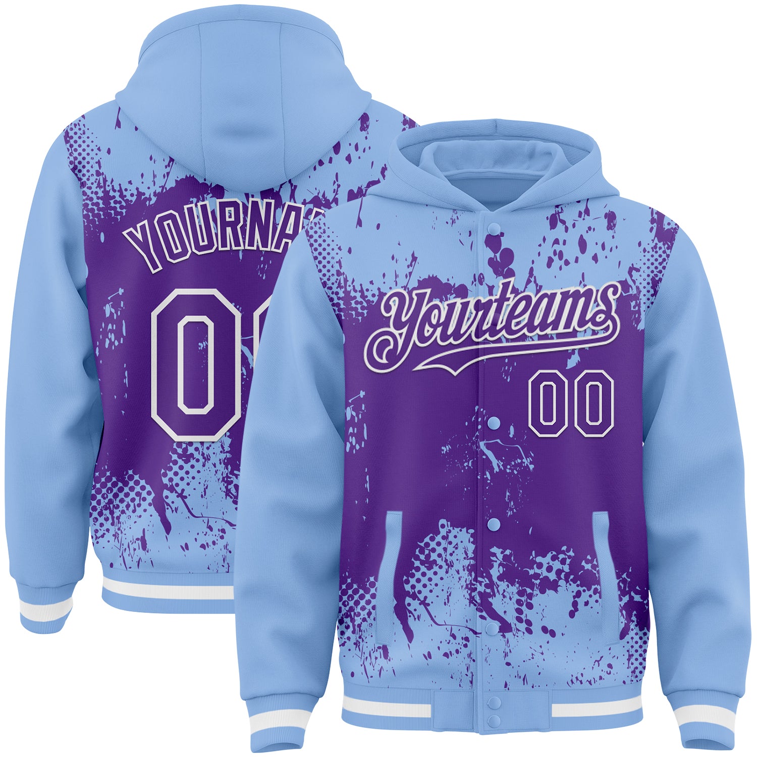 Custom Light Blue Purple-White Splash Art 3D Pattern Design Bomber Full-Snap Varsity Letterman Hoodie Jacket