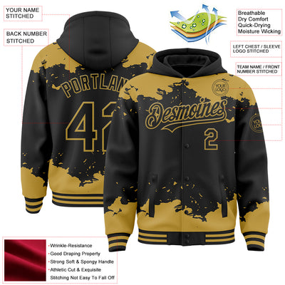 Custom Black Old Gold Splash Art 3D Pattern Design Bomber Full-Snap Varsity Letterman Hoodie Jacket