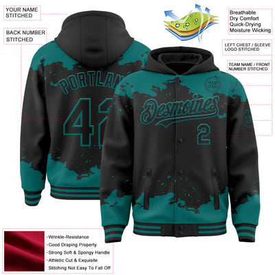 Custom Black Teal Splash Art 3D Pattern Design Bomber Full-Snap Varsity Letterman Hoodie Jacket