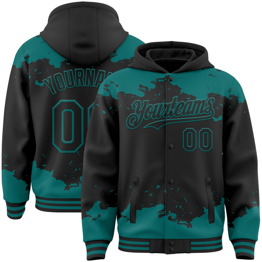 Custom Black Teal Splash Art 3D Pattern Design Bomber Full-Snap Varsity Letterman Hoodie Jacket