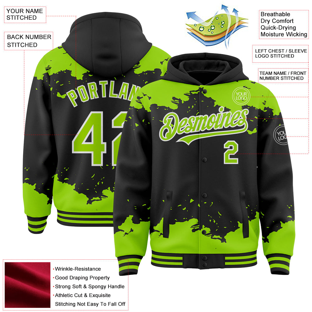 Custom Black Neon Green-White Splash Art 3D Pattern Design Bomber Full-Snap Varsity Letterman Hoodie Jacket