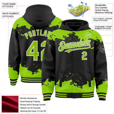 Custom Black Neon Green-White Splash Art 3D Pattern Design Bomber Full-Snap Varsity Letterman Hoodie Jacket