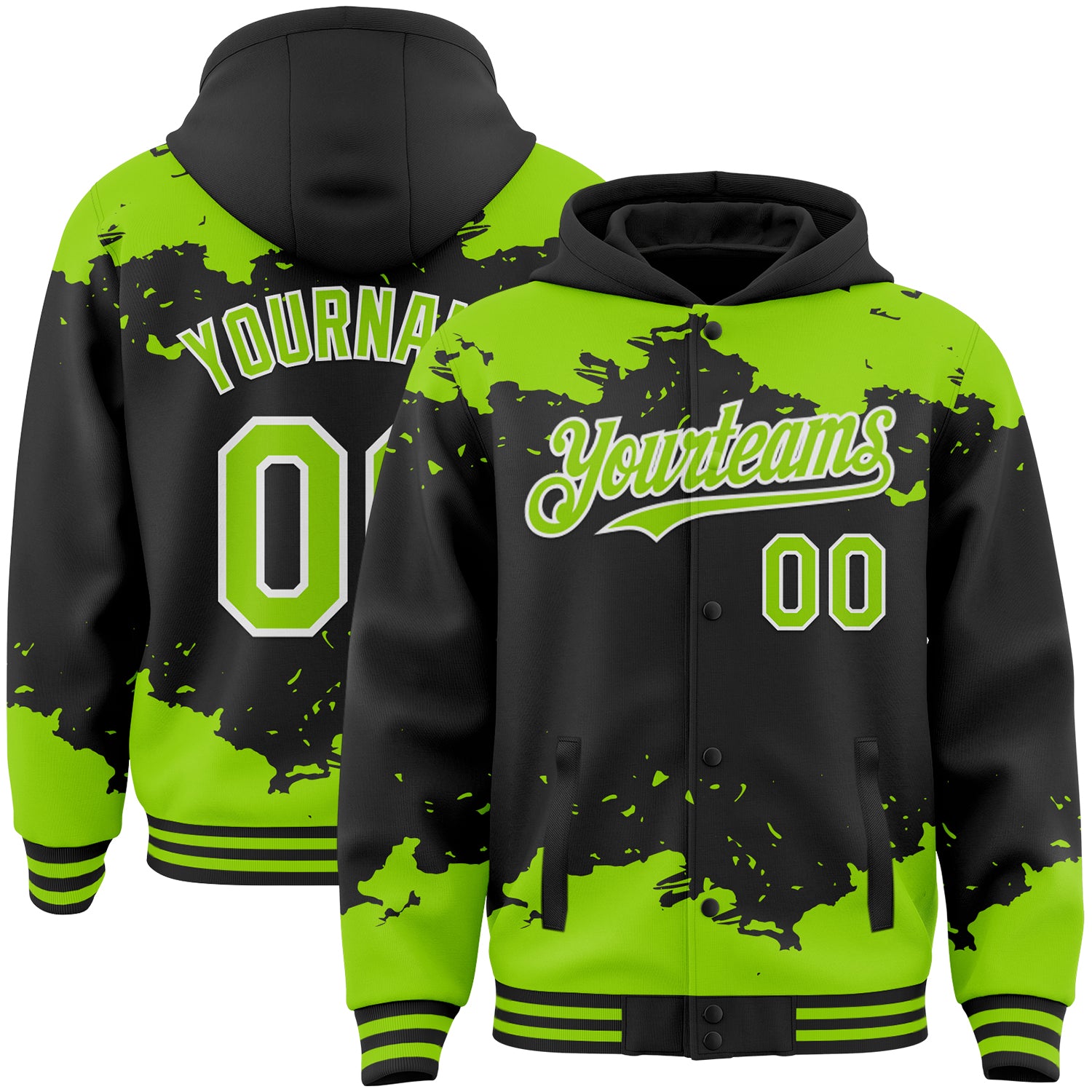 Custom Black Neon Green-White Splash Art 3D Pattern Design Bomber Full-Snap Varsity Letterman Hoodie Jacket
