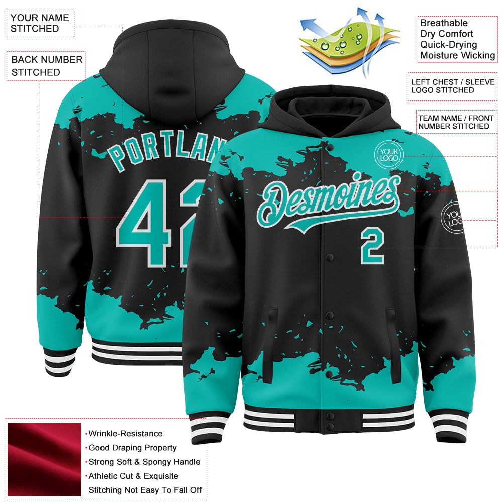 Custom Black Aqua-White Splash Art 3D Pattern Design Bomber Full-Snap Varsity Letterman Hoodie Jacket