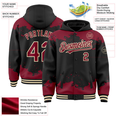 Custom Black Crimson-Cream Splash Art 3D Pattern Design Bomber Full-Snap Varsity Letterman Hoodie Jacket