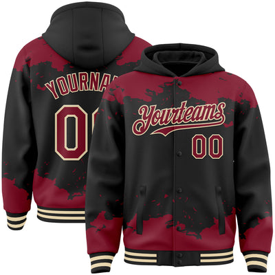Custom Black Crimson-Cream Splash Art 3D Pattern Design Bomber Full-Snap Varsity Letterman Hoodie Jacket