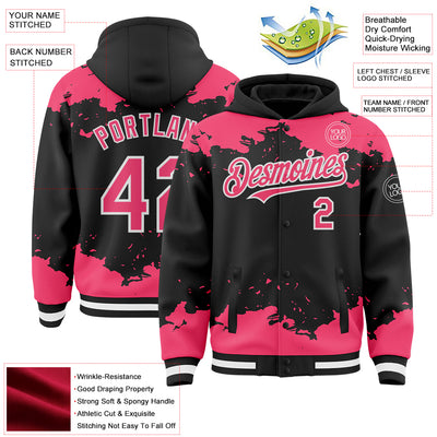 Custom Black Neon Pink-White Splash Art 3D Pattern Design Bomber Full-Snap Varsity Letterman Hoodie Jacket