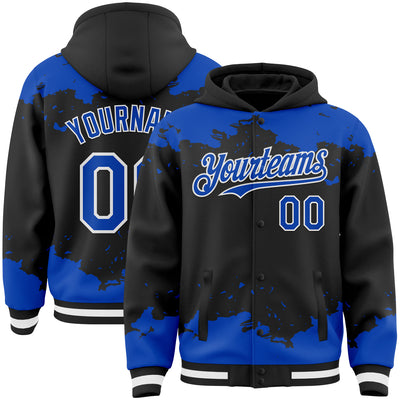 Custom Black Thunder Blue-White Splash Art 3D Pattern Design Bomber Full-Snap Varsity Letterman Hoodie Jacket