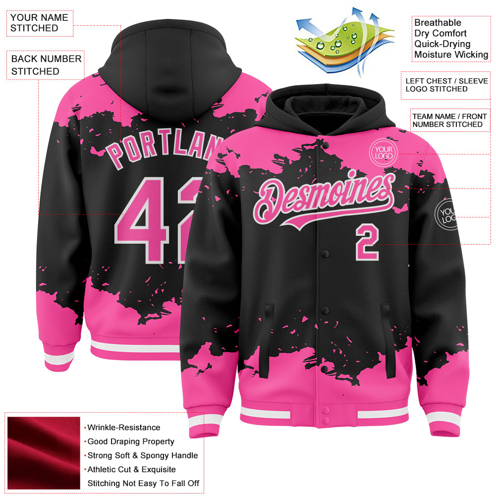 Custom Black Pink-White Splash Art 3D Pattern Design Bomber Full-Snap Varsity Letterman Hoodie Jacket