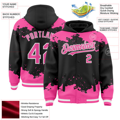 Custom Black Pink-White Splash Art 3D Pattern Design Bomber Full-Snap Varsity Letterman Hoodie Jacket
