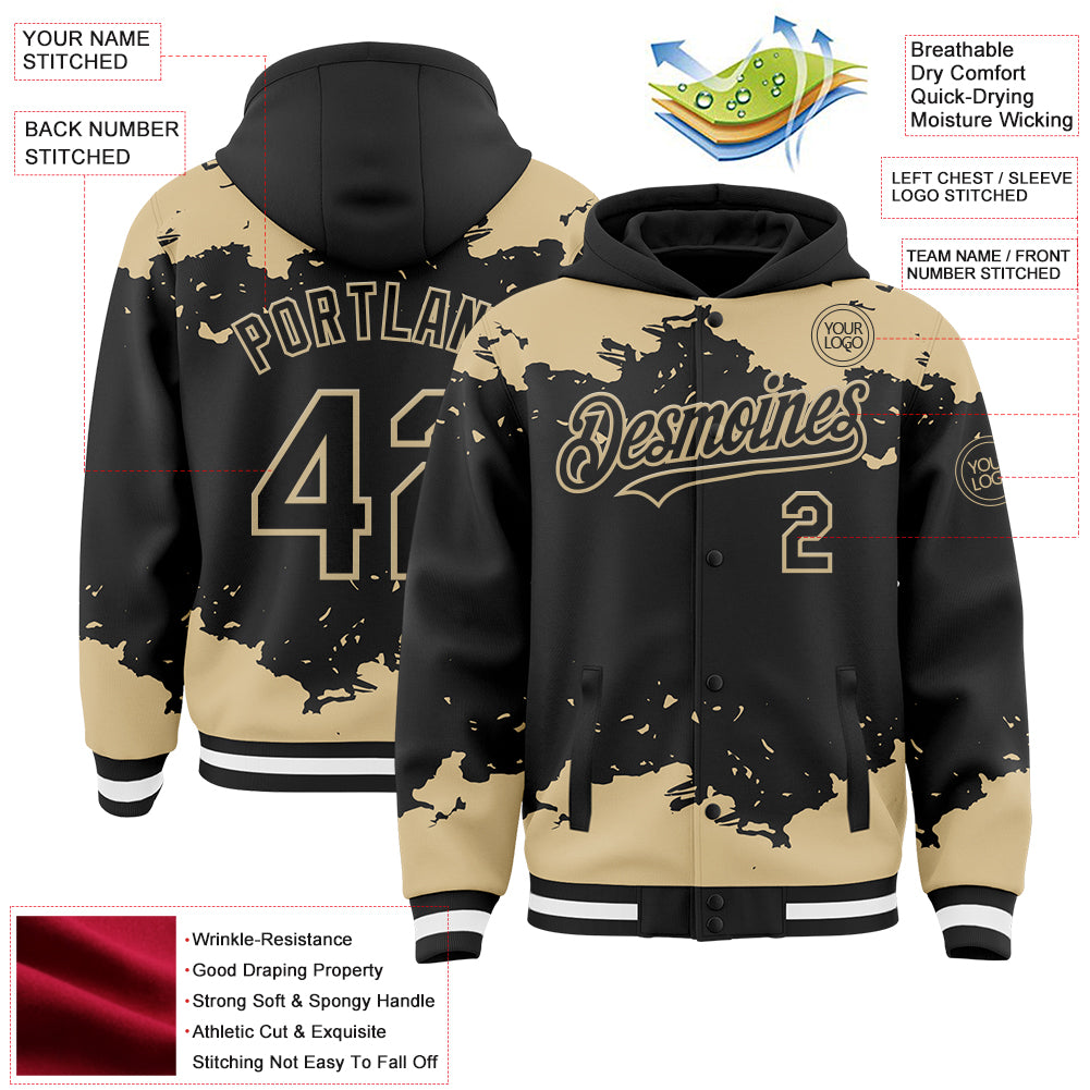 Custom Black Vegas Gold-White Splash Art 3D Pattern Design Bomber Full-Snap Varsity Letterman Hoodie Jacket