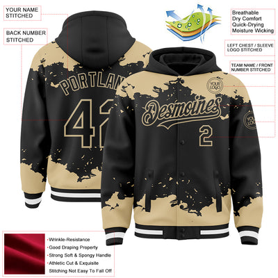 Custom Black Vegas Gold-White Splash Art 3D Pattern Design Bomber Full-Snap Varsity Letterman Hoodie Jacket