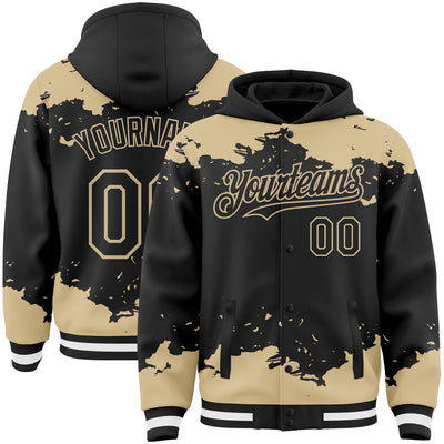 Custom Black Vegas Gold-White Splash Art 3D Pattern Design Bomber Full-Snap Varsity Letterman Hoodie Jacket