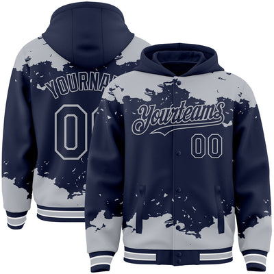 Custom Navy Gray-White Splash Art 3D Pattern Design Bomber Full-Snap Varsity Letterman Hoodie Jacket