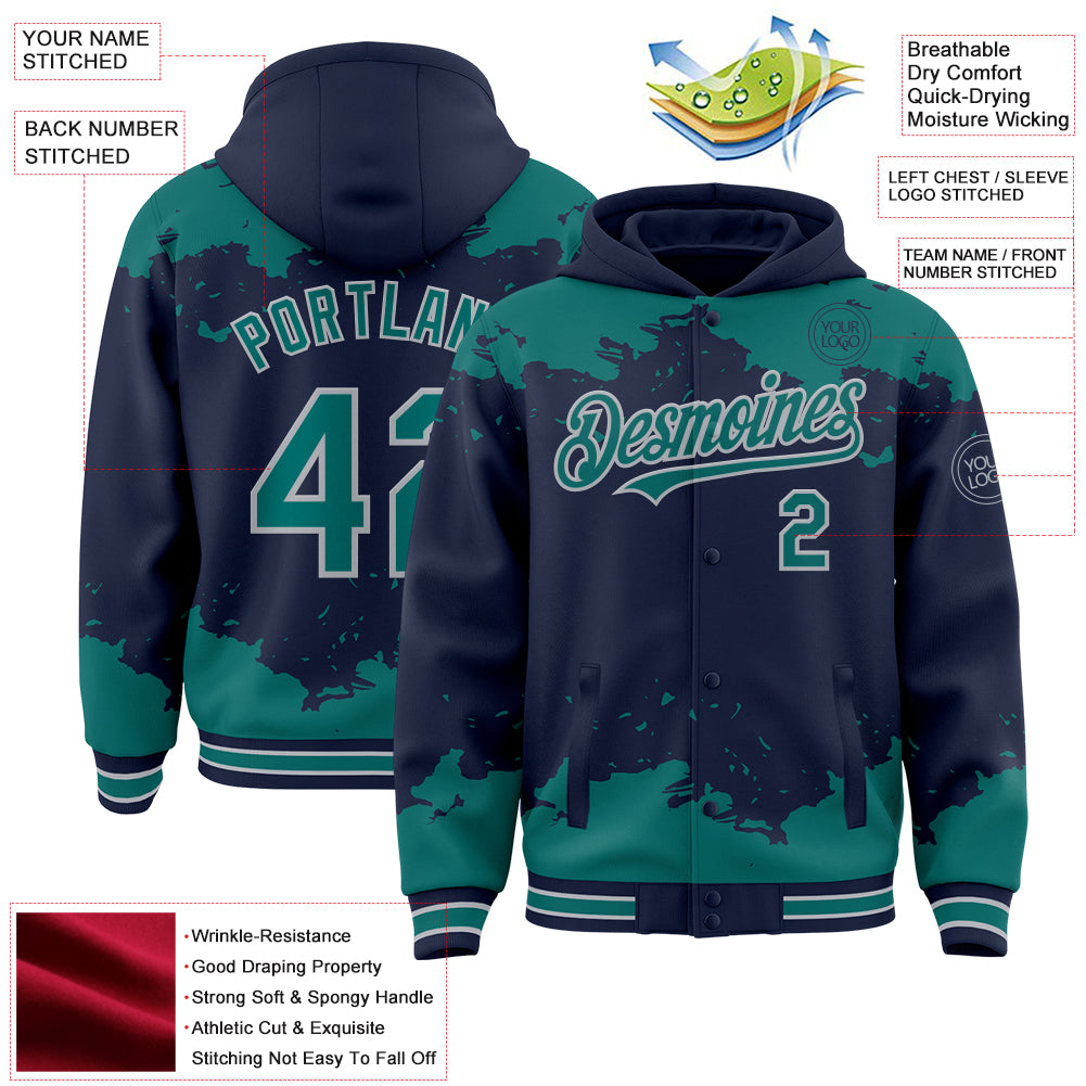 Custom Navy Teal-Gray Splash Art 3D Pattern Design Bomber Full-Snap Varsity Letterman Hoodie Jacket