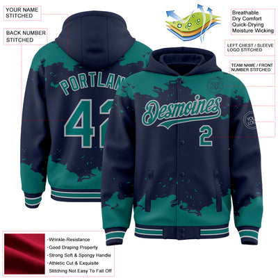Custom Navy Teal-Gray Splash Art 3D Pattern Design Bomber Full-Snap Varsity Letterman Hoodie Jacket