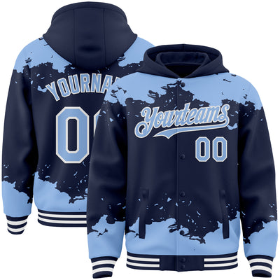 Custom Navy Light Blue-White Splash Art 3D Pattern Design Bomber Full-Snap Varsity Letterman Hoodie Jacket