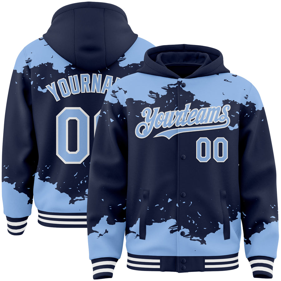 Custom Navy Light Blue-White Splash Art 3D Pattern Design Bomber Full-Snap Varsity Letterman Hoodie Jacket