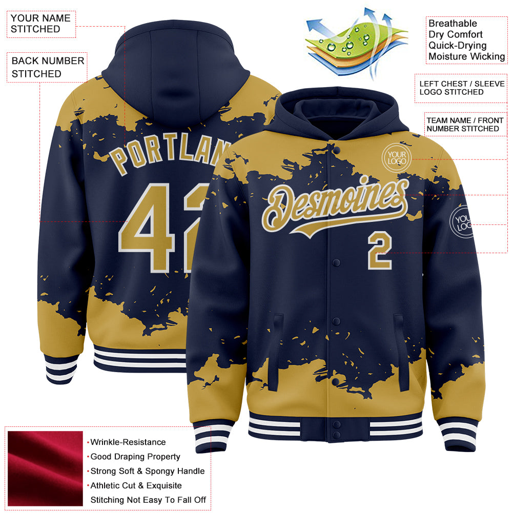 Custom Navy Old Gold-White Splash Art 3D Pattern Design Bomber Full-Snap Varsity Letterman Hoodie Jacket