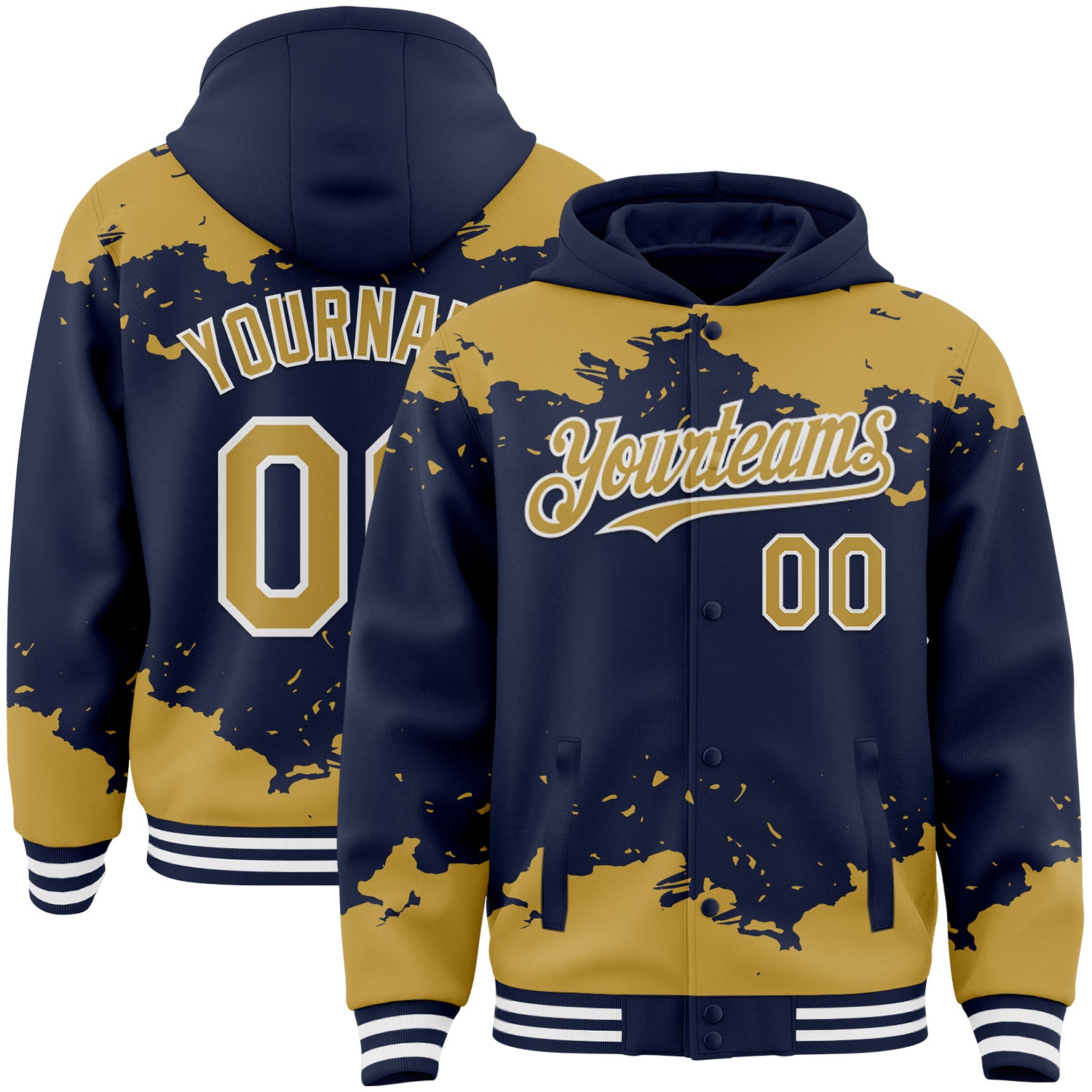 Custom Navy Old Gold-White Splash Art 3D Pattern Design Bomber Full-Snap Varsity Letterman Hoodie Jacket