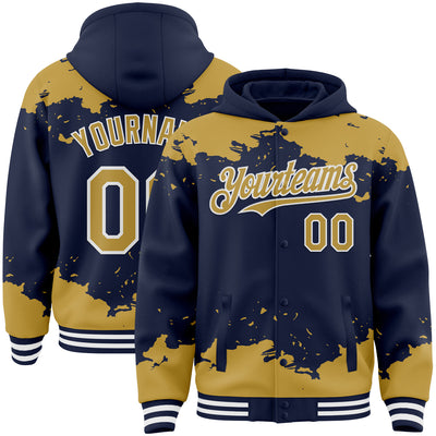 Custom Navy Old Gold-White Splash Art 3D Pattern Design Bomber Full-Snap Varsity Letterman Hoodie Jacket