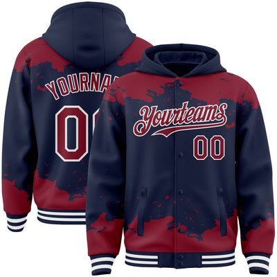 Custom Navy Crimson-White Splash Art 3D Pattern Design Bomber Full-Snap Varsity Letterman Hoodie Jacket