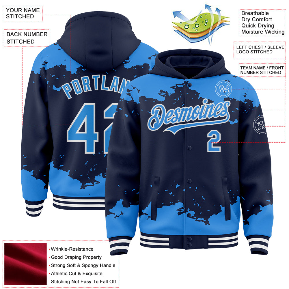 Custom Navy Powder Blue-White Splash Art 3D Pattern Design Bomber Full-Snap Varsity Letterman Hoodie Jacket