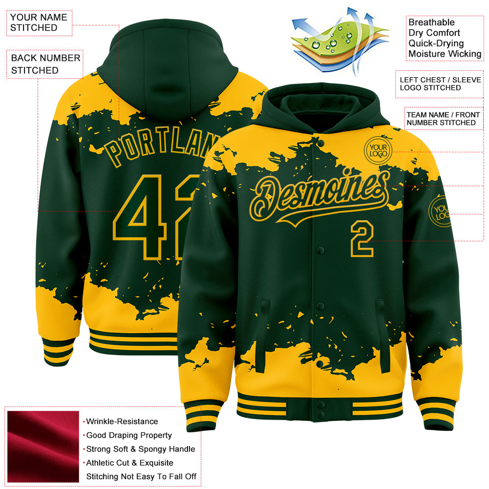 Custom Green Gold Splash Art 3D Pattern Design Bomber Full-Snap Varsity Letterman Hoodie Jacket