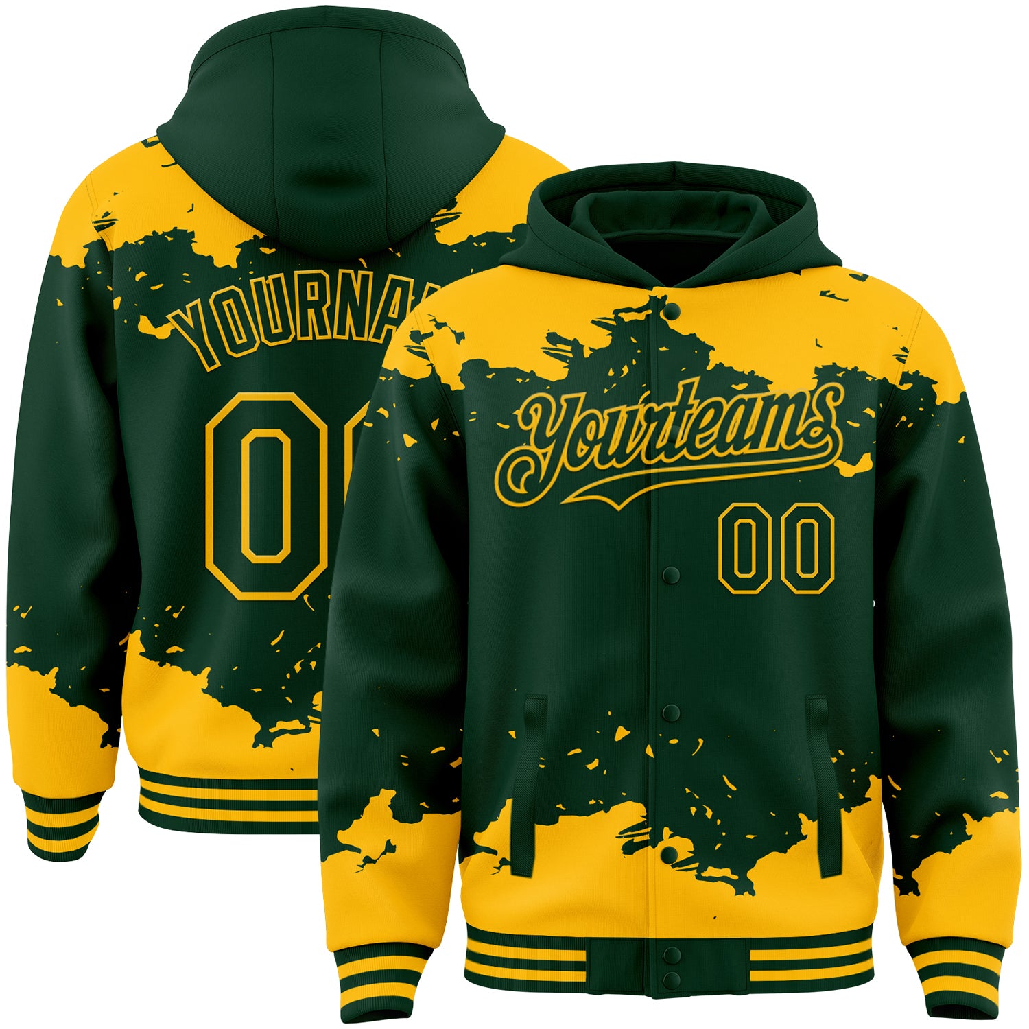 Custom Green Gold Splash Art 3D Pattern Design Bomber Full-Snap Varsity Letterman Hoodie Jacket
