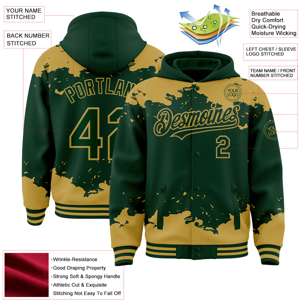 Custom Green Old Gold Splash Art 3D Pattern Design Bomber Full-Snap Varsity Letterman Hoodie Jacket