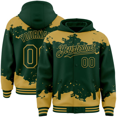 Custom Green Old Gold Splash Art 3D Pattern Design Bomber Full-Snap Varsity Letterman Hoodie Jacket