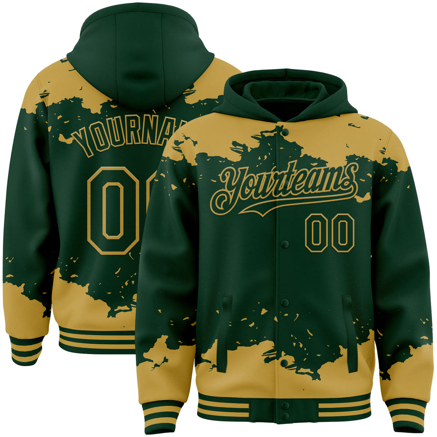 Custom Green Old Gold Splash Art 3D Pattern Design Bomber Full-Snap Varsity Letterman Hoodie Jacket
