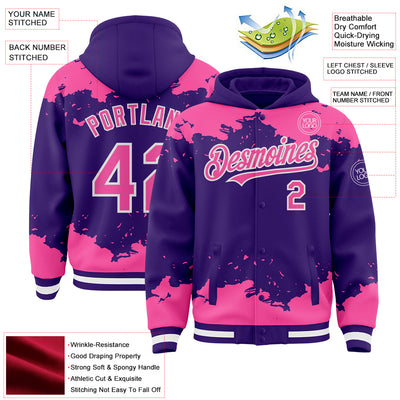 Custom Purple Pink-White Splash Art 3D Pattern Design Bomber Full-Snap Varsity Letterman Hoodie Jacket