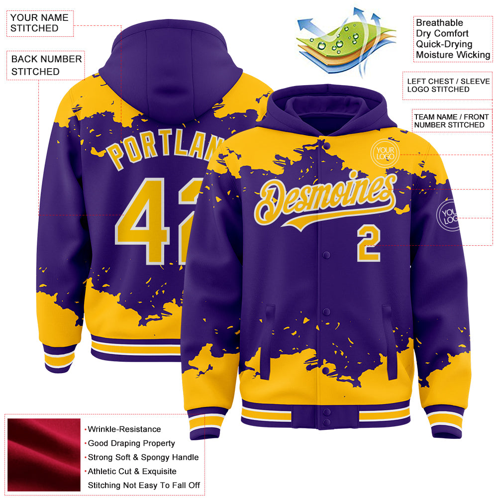Custom Purple Gold-White Splash Art 3D Pattern Design Bomber Full-Snap Varsity Letterman Hoodie Jacket