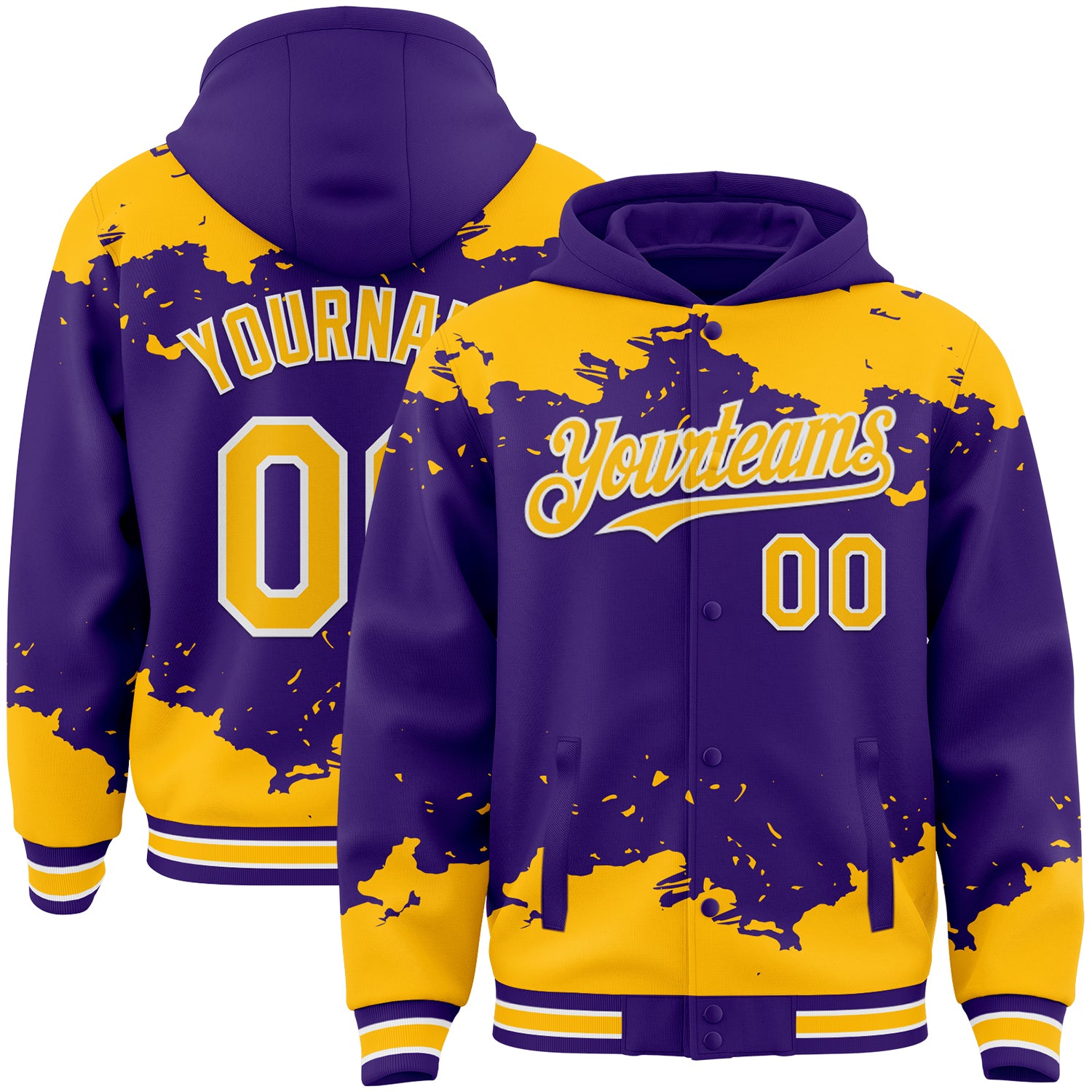 Custom Purple Gold-White Splash Art 3D Pattern Design Bomber Full-Snap Varsity Letterman Hoodie Jacket