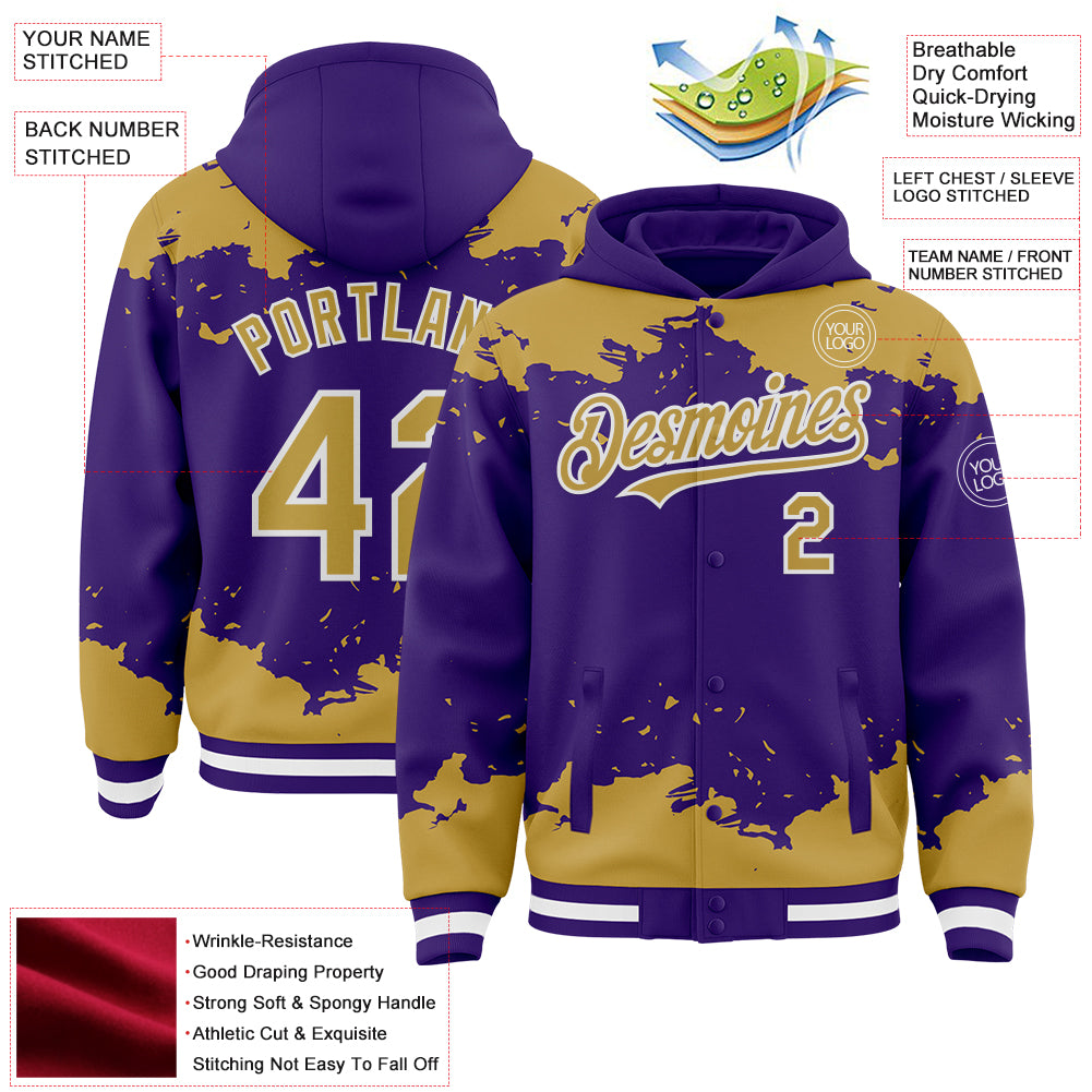 Custom Purple Old Gold-White Splash Art 3D Pattern Design Bomber Full-Snap Varsity Letterman Hoodie Jacket