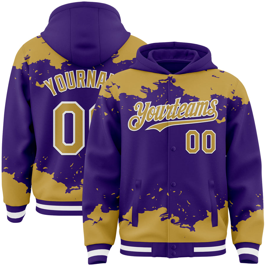 Custom Purple Old Gold-White Splash Art 3D Pattern Design Bomber Full-Snap Varsity Letterman Hoodie Jacket