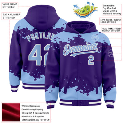 Custom Purple Light Blue-White Splash Art 3D Pattern Design Bomber Full-Snap Varsity Letterman Hoodie Jacket