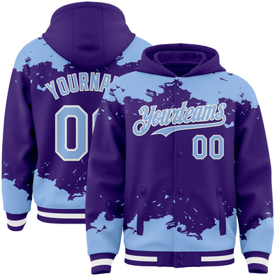 Custom Purple Light Blue-White Splash Art 3D Pattern Design Bomber Full-Snap Varsity Letterman Hoodie Jacket