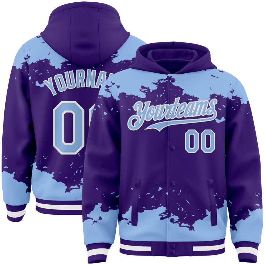 Custom Purple Light Blue-White Splash Art 3D Pattern Design Bomber Full-Snap Varsity Letterman Hoodie Jacket