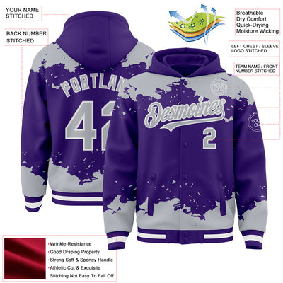Custom Purple Gray-White Splash Art 3D Pattern Design Bomber Full-Snap Varsity Letterman Hoodie Jacket